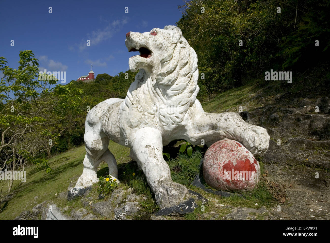 The White Lion at Gun Hill Fort in Barbados in the Caribbean Islands Stock Photo