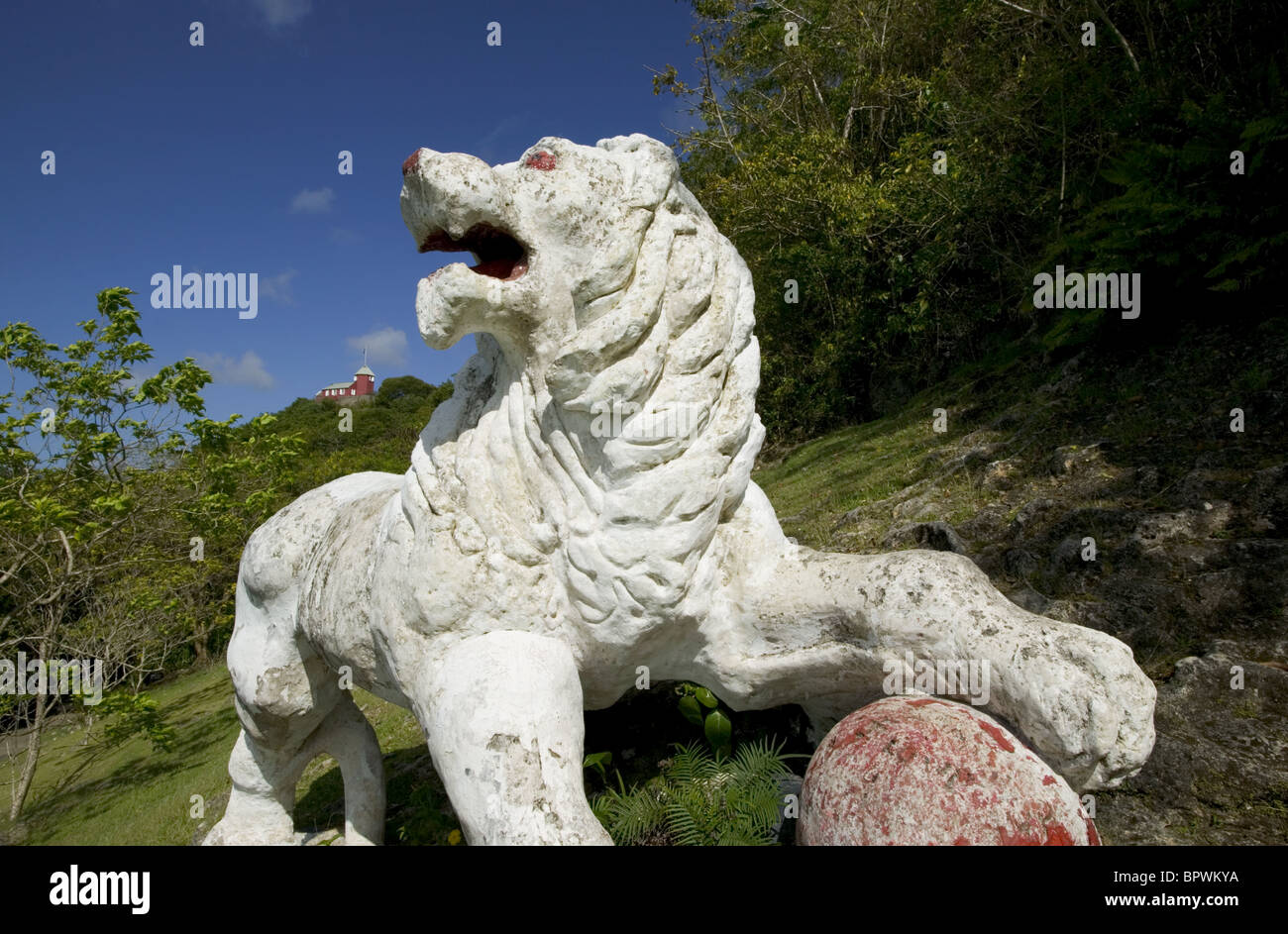 The White Lion at Gun Hill Fort in Barbados in the Caribbean Islands Stock Photo