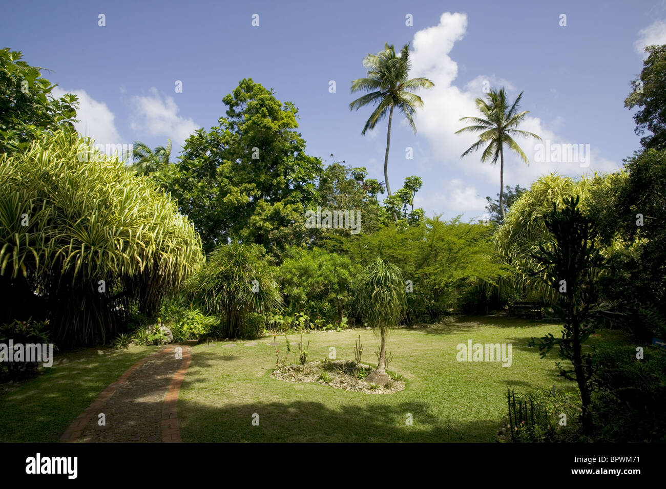 General view of gardens at Andromeda Botanic Gardens in Barbados in the