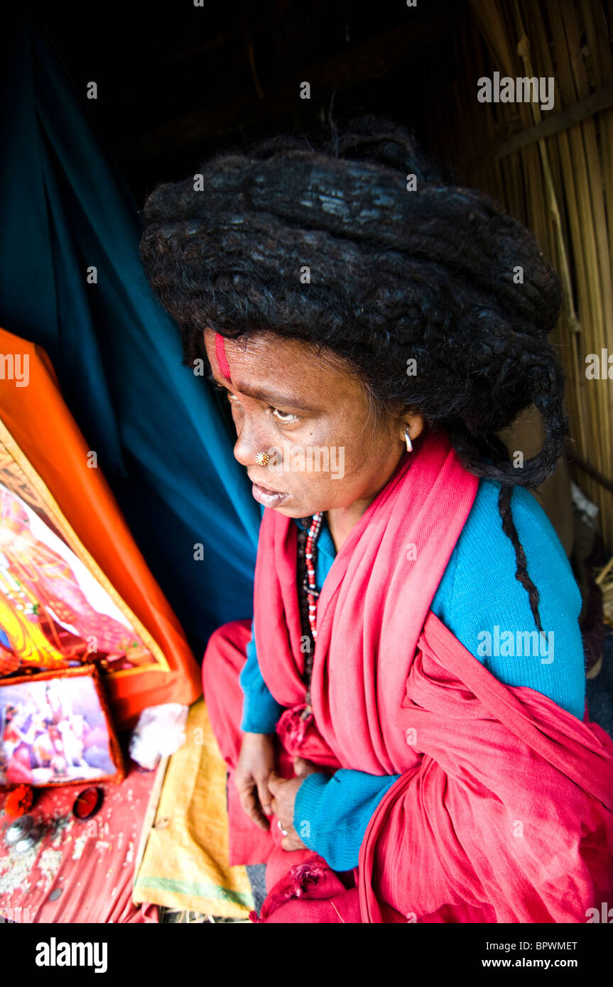 A sadhvis - Hindu holy woman at the Gangasagar mela. Stock Photo