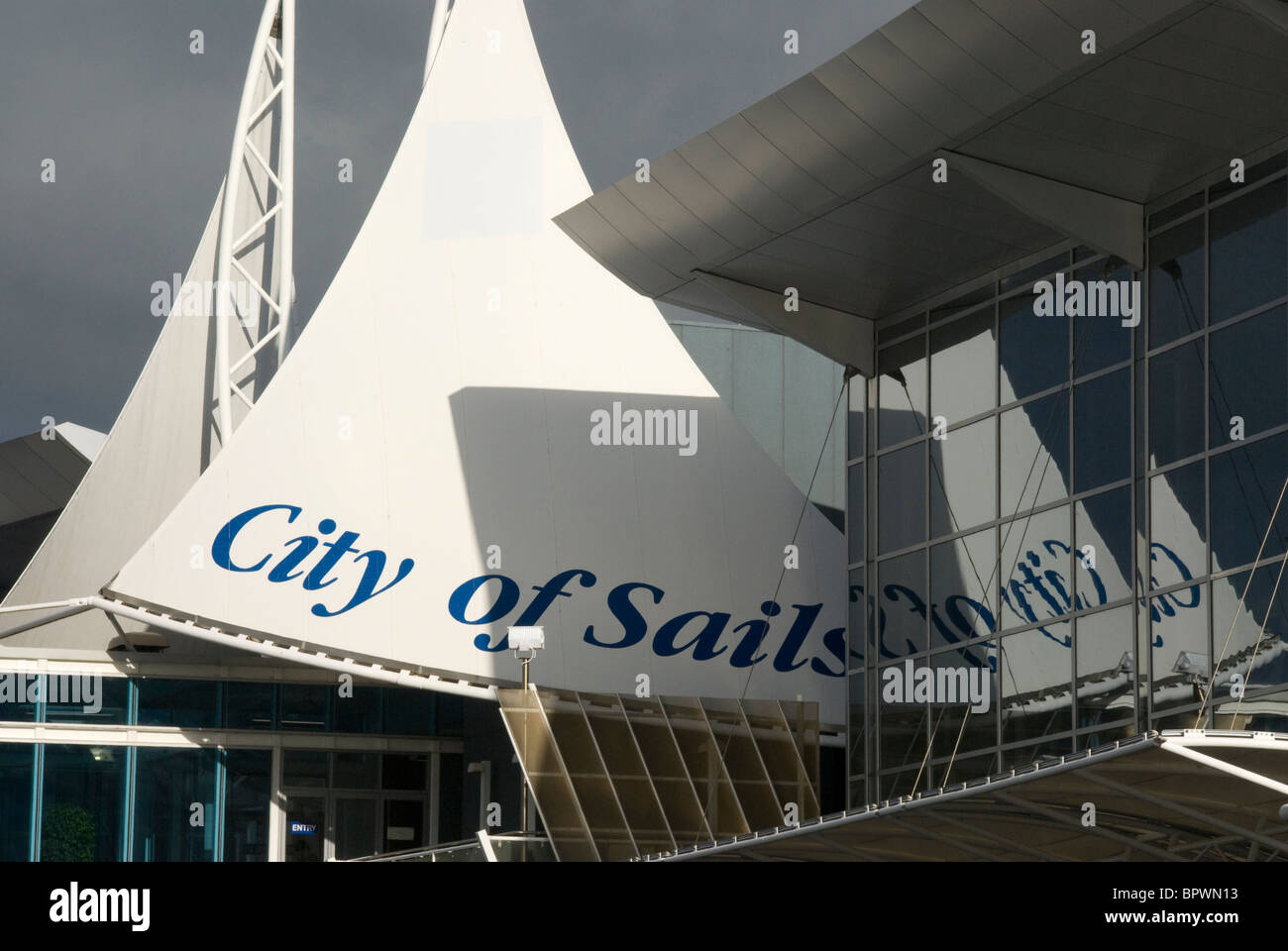Terminal building and decorative sails, Auckland International Airport, North Island, New Zealand Stock Photo