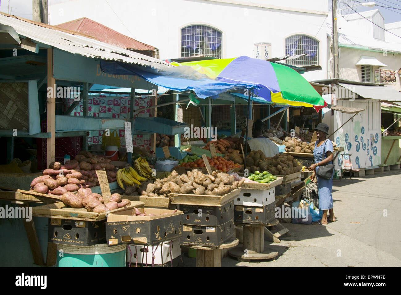 Market stall selling fruit and vegetables in Bridgetown, Barbados in