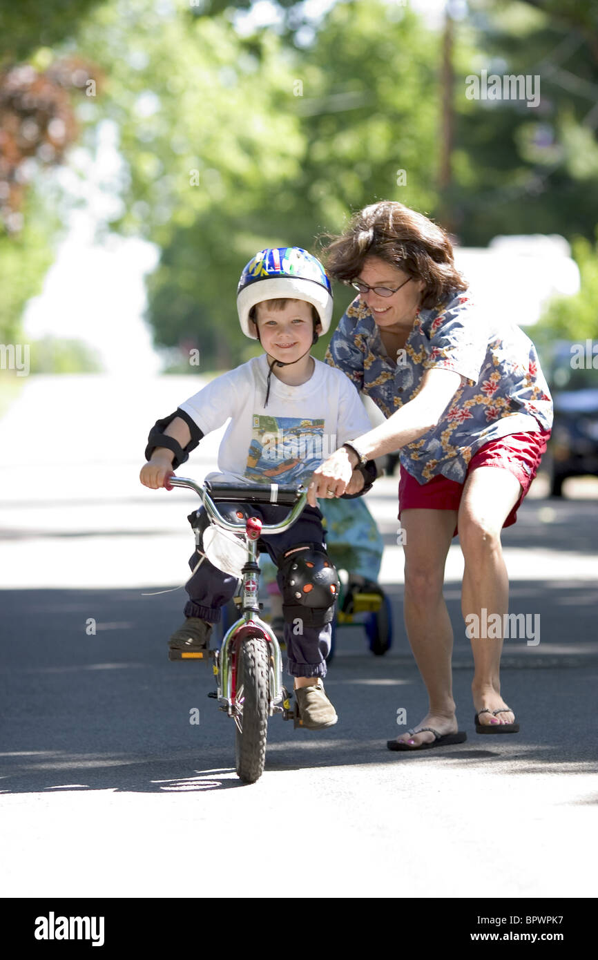kids, boy, training wheels, bike Stock Photo