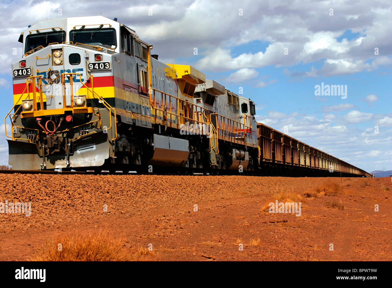 GE Dash9 Diesel Train, approx 6000 horsepower, carting Iron Ore from Mt Tom Price to Port
