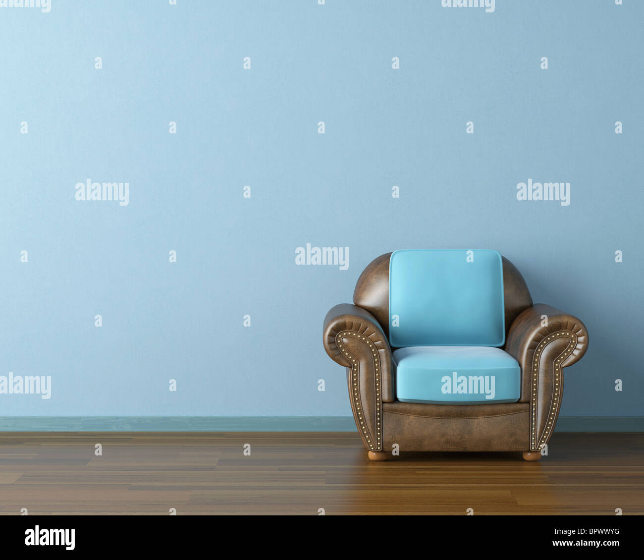Interior design scene with a modern brown leather couch and lamp on blue wall Stock Photo Alamy
