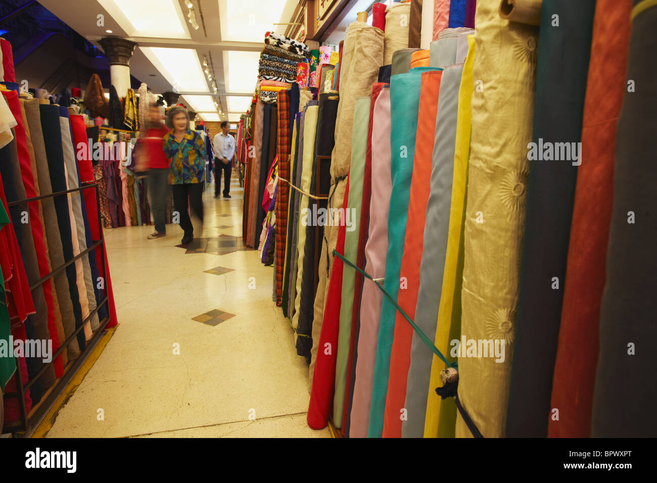 Rolls of cloth outside tailor shops, Western Market, Sheung Wan, Hong Kong, China Stock Photo