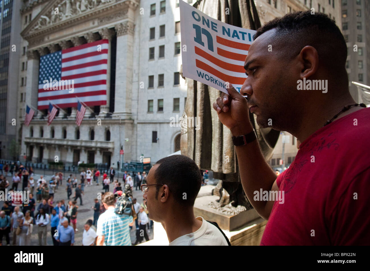 Union members and supporters rally against unemployment in front of Federal Hall in New York Stock Photo