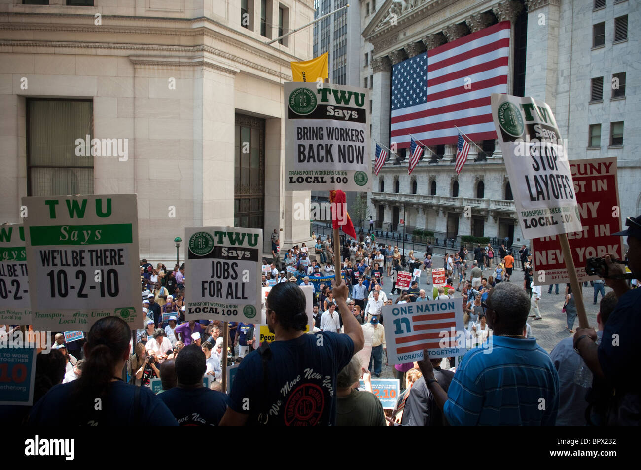 Union members and supporters rally against unemployment in front of Federal Hall in New York Stock Photo