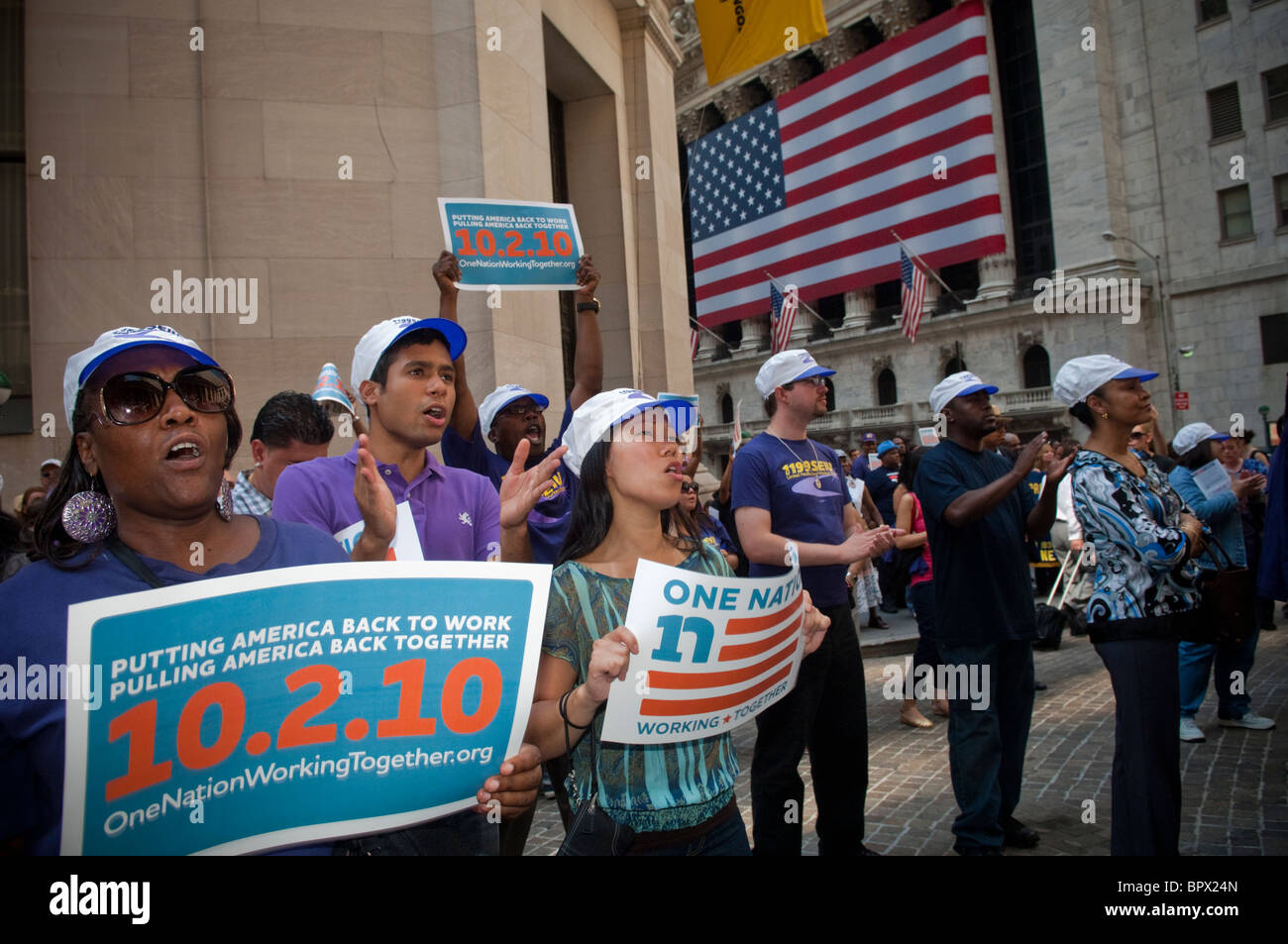 Union members and supporters rally against unemployment in front of Federal Hall in New York Stock Photo
