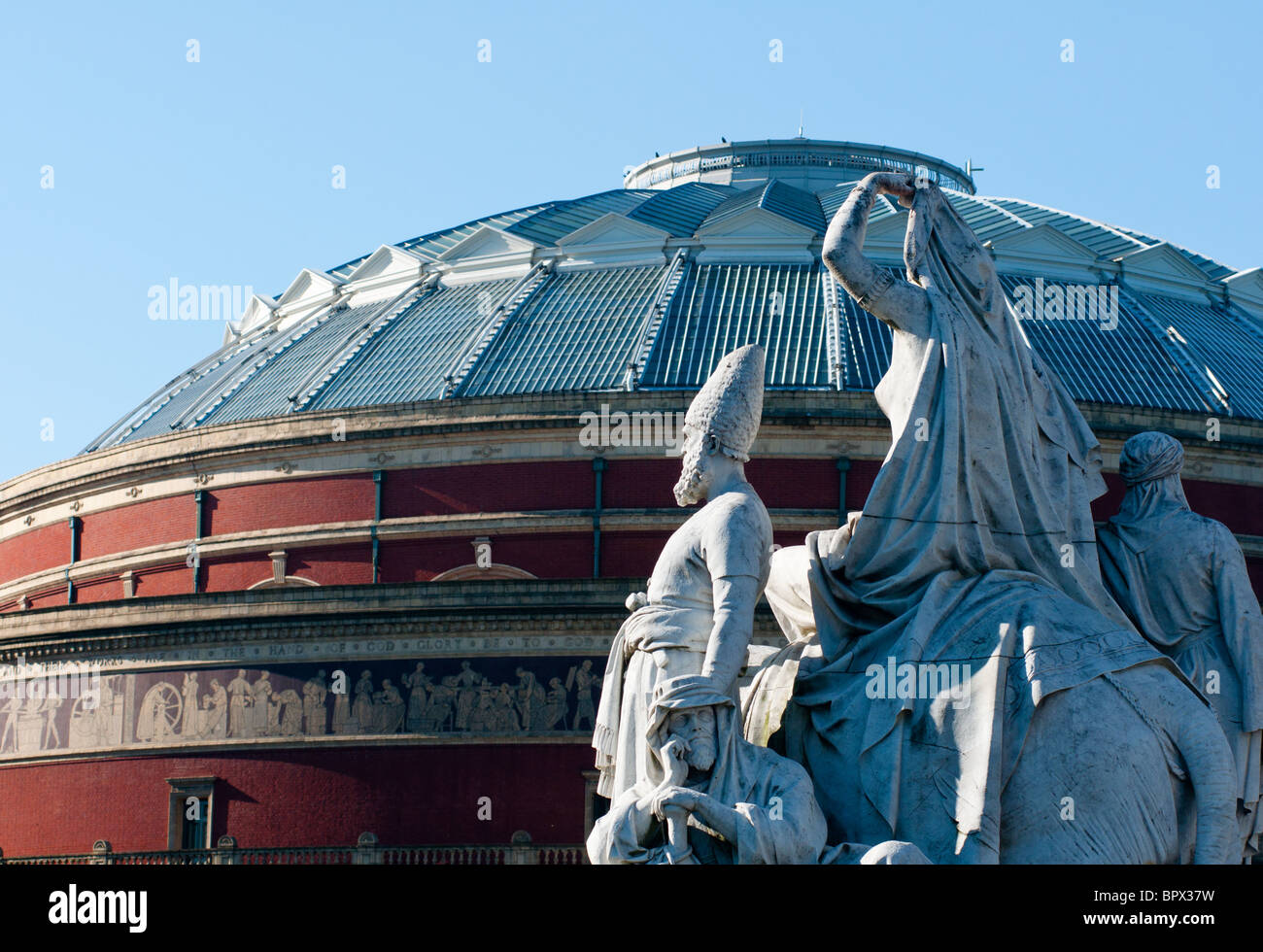 Statues of the Albert memorial look towards the Royal Albert hall Stock