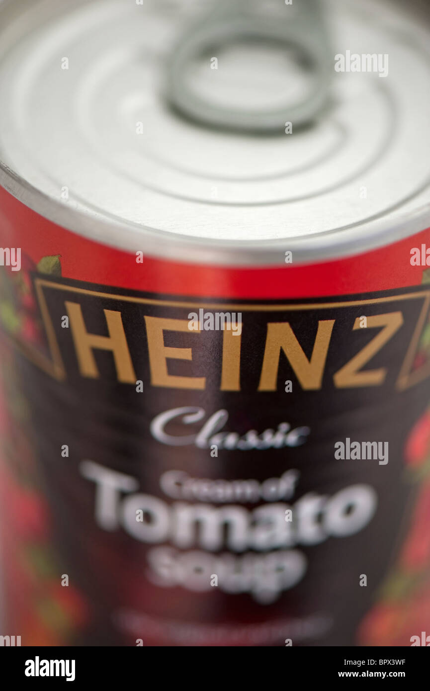 Close-up of a tin of Heinz tomato soup with a ring-pull for ease of opening. Stock Photo
