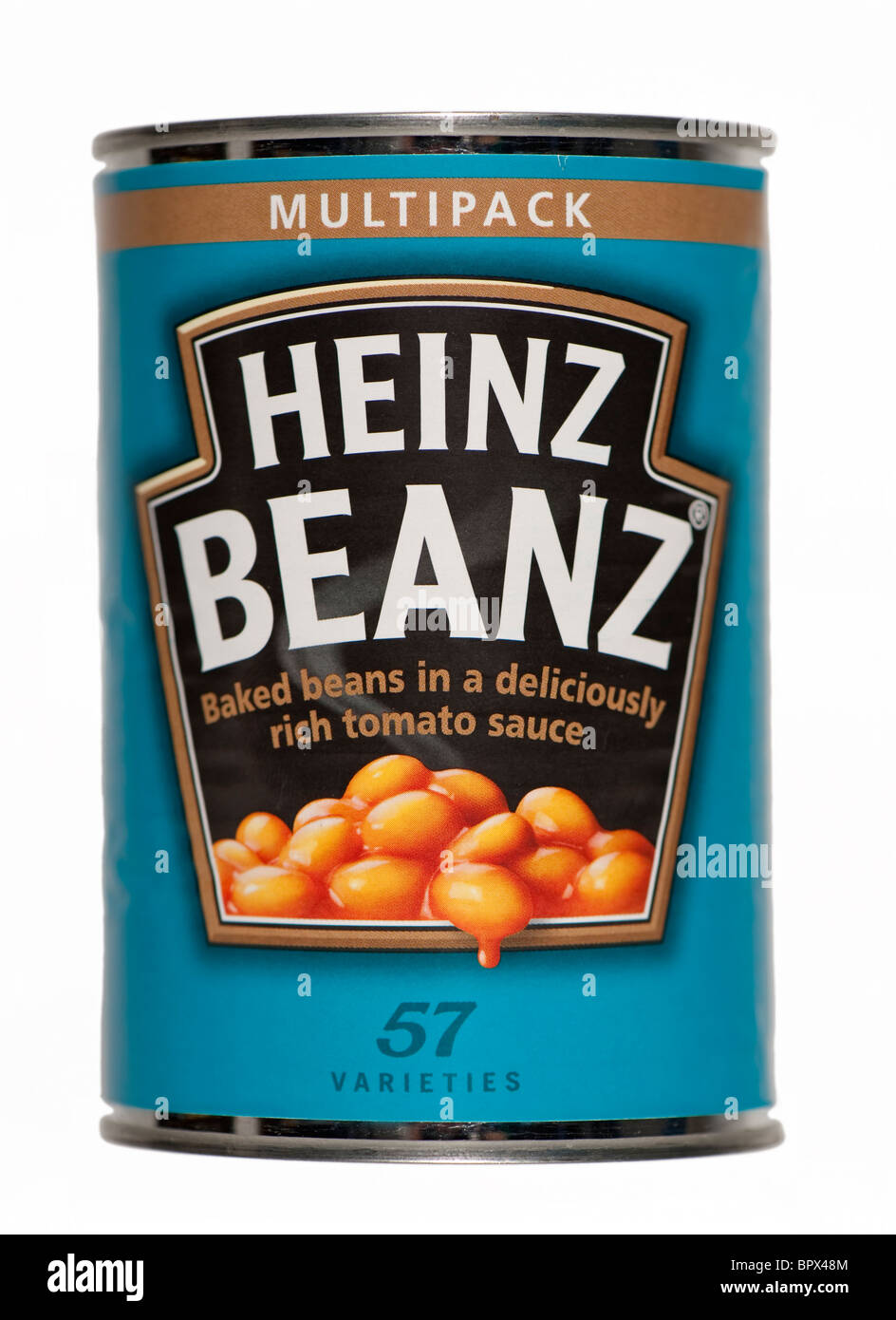 Close-up of a tin of Heinz Baked Beans. 57 Varieties. Stock Photo