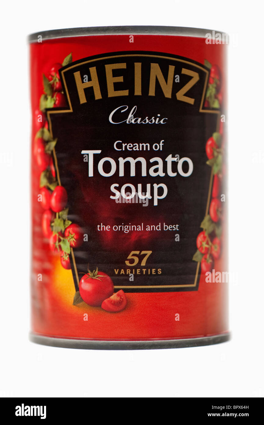 Close-up of a tin of Heinz tomato soup. 57 Varieties. Stock Photo