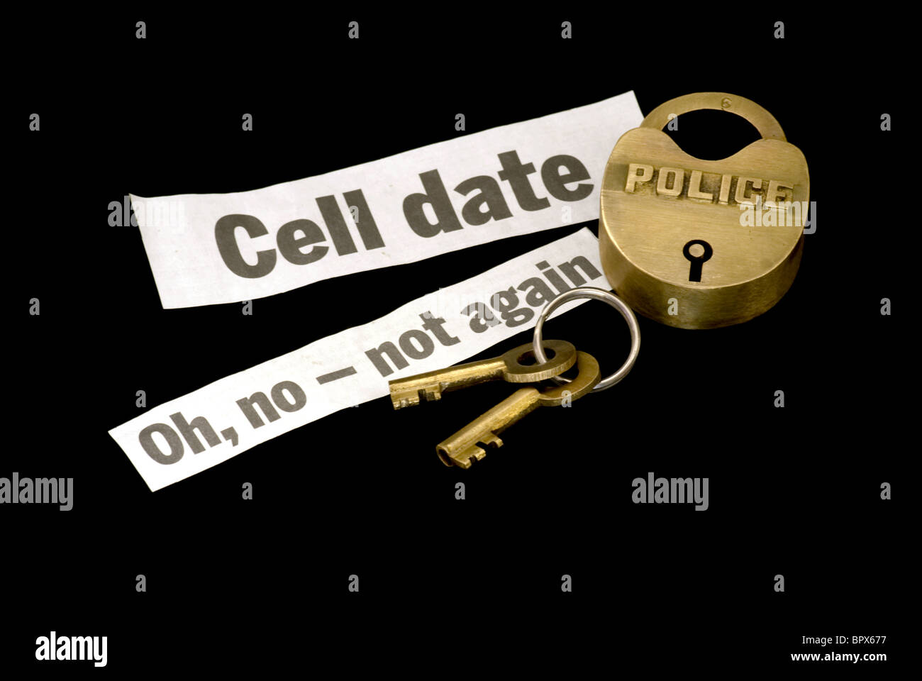 Police lock and keys with jail cell date warning as a repeat offender. Tag reads Oh no not again. Stock Photo