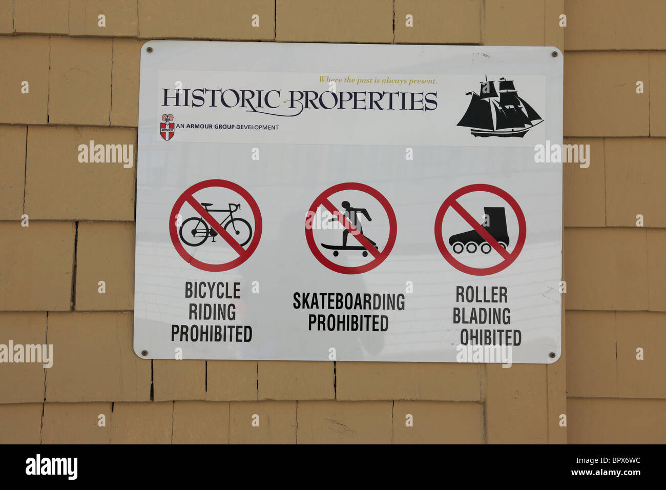 prohibition signs at the Historic Properties at the Harbourwalk, Halifax, Nova Scotia, Atlantic Canada. Photo by Willy Matheisl Stock Photo