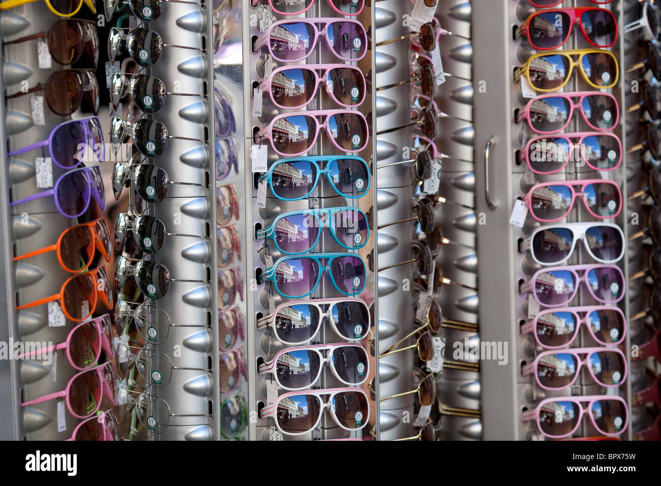 Various coloured pairs of sunglasses for sale on Oslo high street.  Photo:Jeff Gilbert Stock Photo