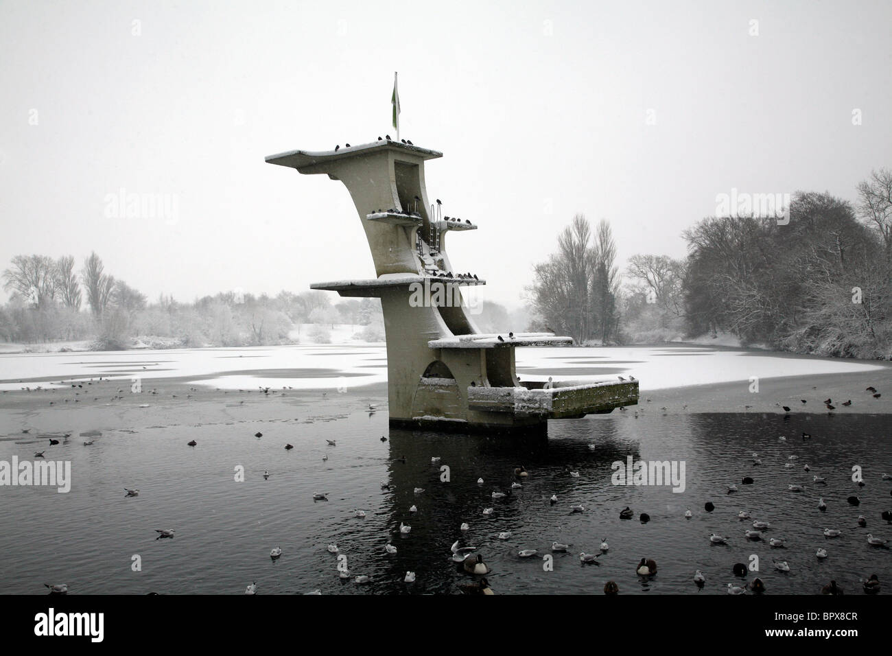 Diving platform on a partly frozen lake at Coate Water in Swindon in