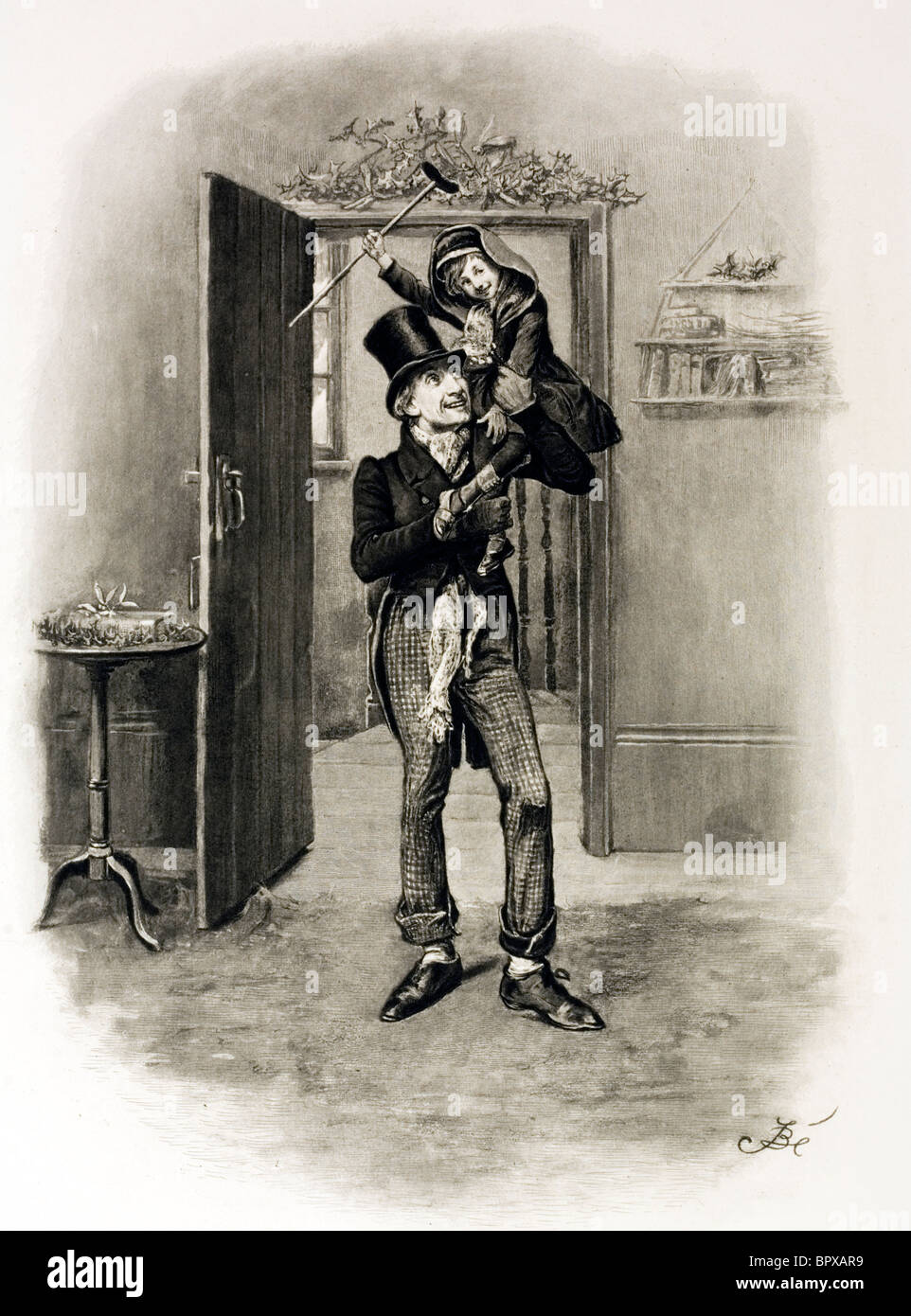 Character sketch of Bob Cratchit and Tiny Tim from A Christmas Carol by Charles Dickens. Artist Frederick Barnard.. Stock Photo