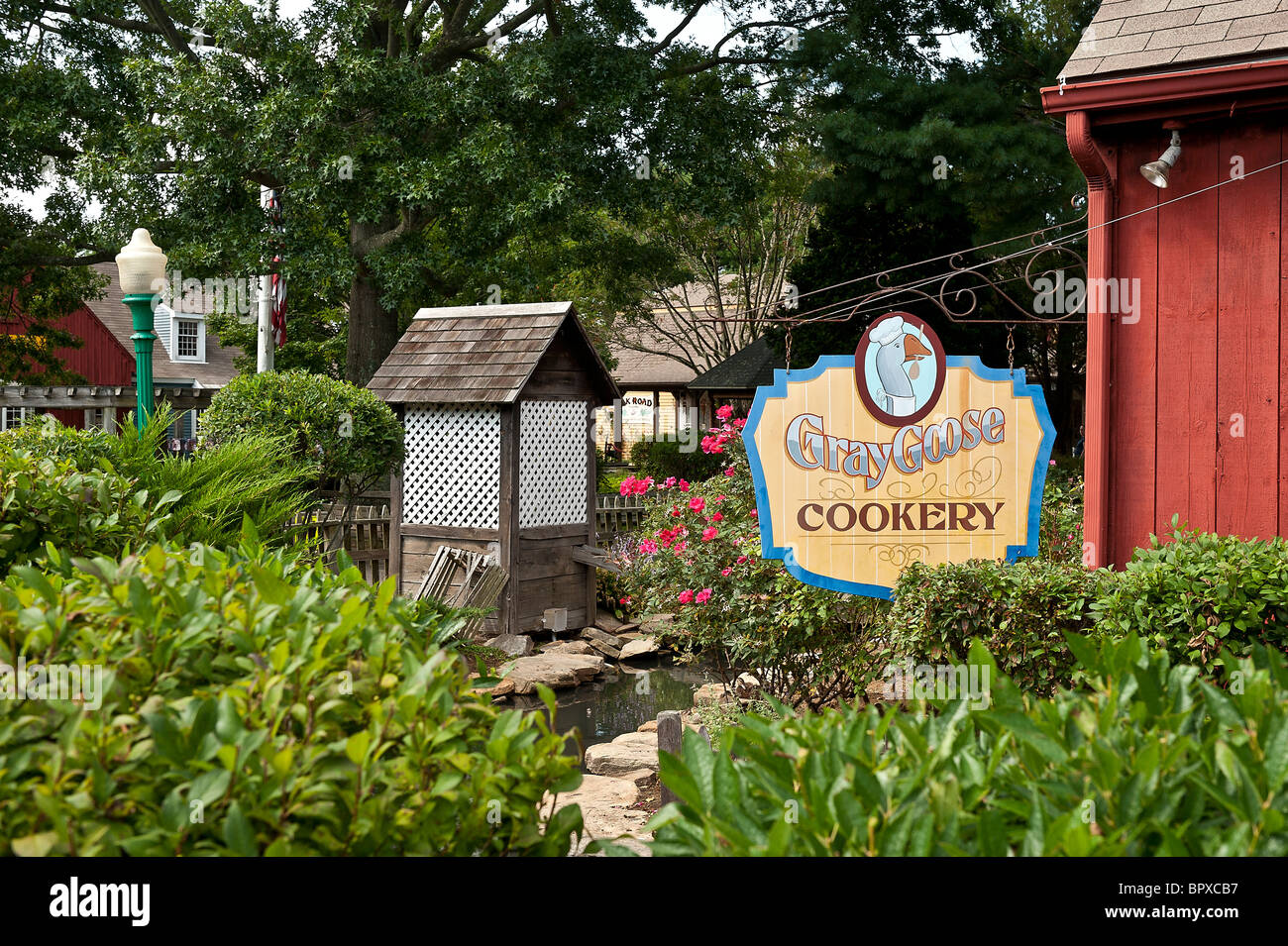Mystic Village shops and garden, Mystic, Connecticut, USA Stock Photo