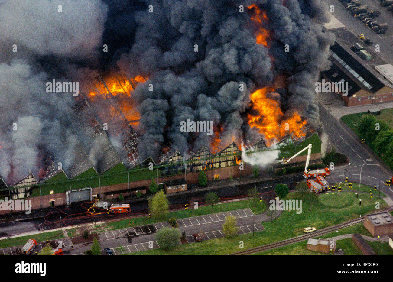 Aerial view of the Central Ordnance Depot in Donnington Telford stores fire in April 1988 Picture by David Bagnall Stock Photo