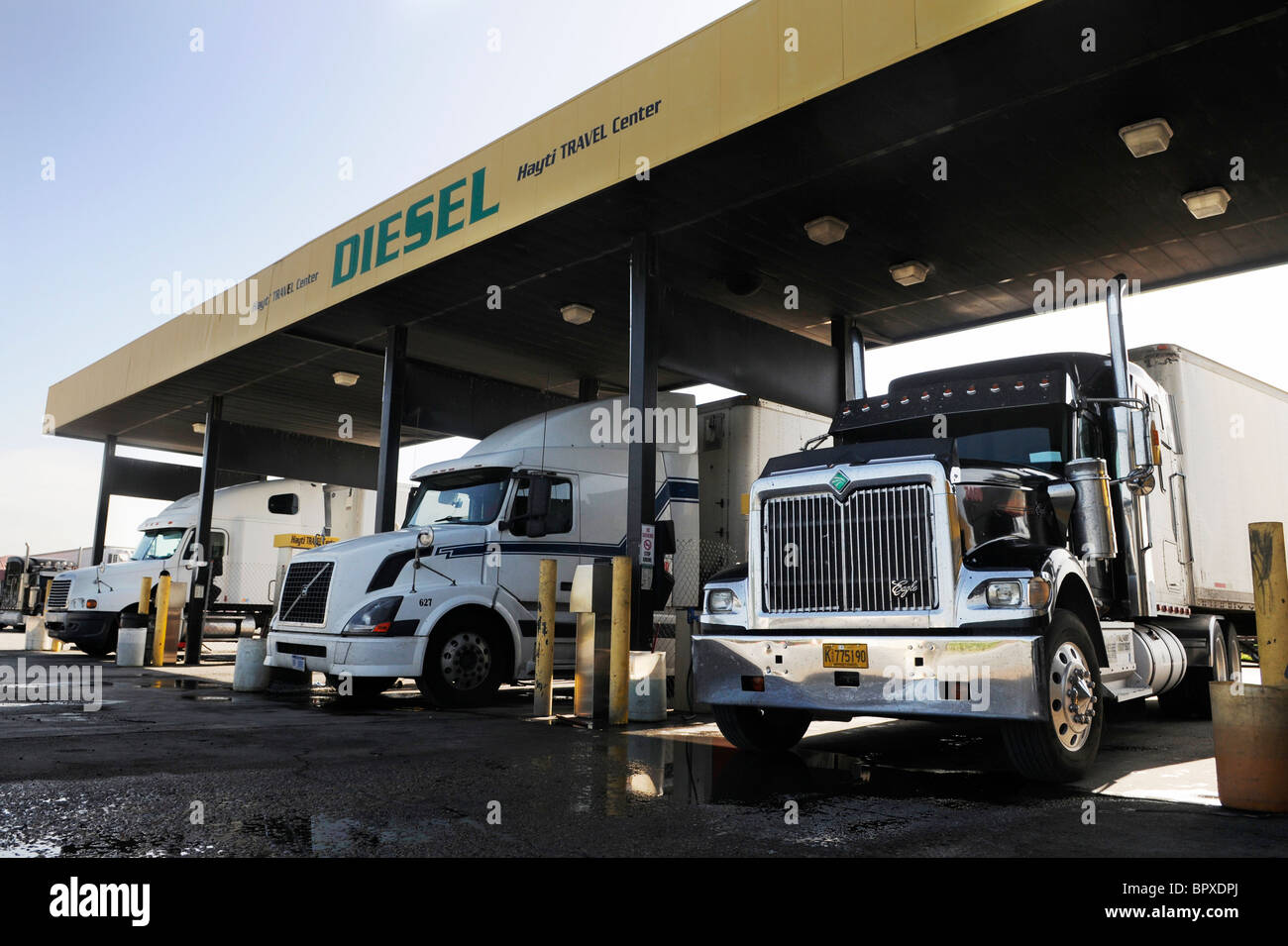 Trucks line up for fuel at the Hayti Travel Center in Hayti, Missouri