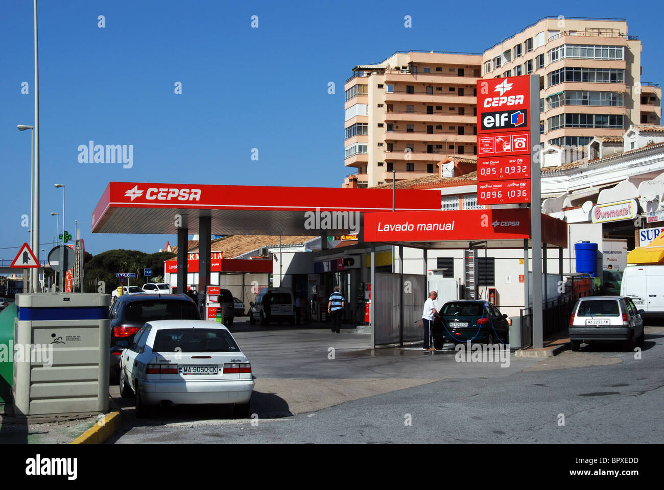 Petrol station, Urb, Calypso, Sitio de Calahonda, Mijas Costa, Costa del Sol; Malaga Province, Andalucia, Spain, Western Europe. Stock Photo