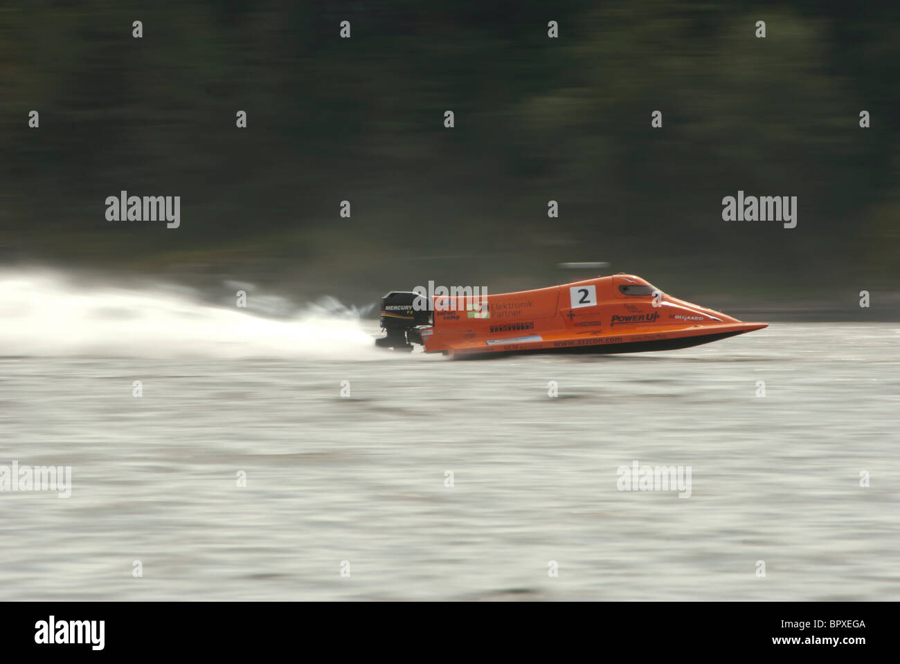 Orange Speedboat, racing in Formel 2000 competition in Byfjorden Uddevalla. Stock Photo