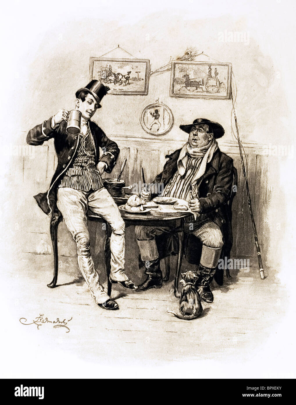 Sketch of Sam Weller and his father in The Marquis of Granby inn, Dorking. From the Pickwick Papers by Charles Dickens. Stock Photo