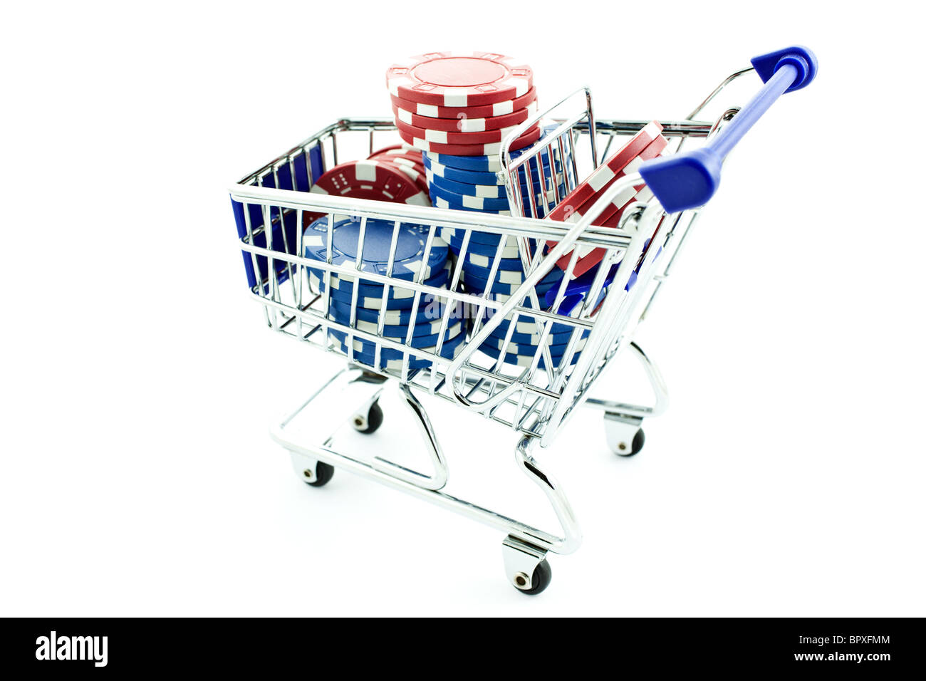color poker chips in shopping trolley on white background Stock Photo