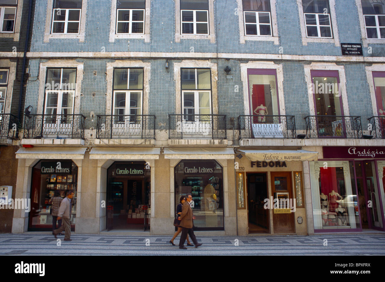 Lisbon Portugal Baixa District Street Scene & Shops Stock Photo