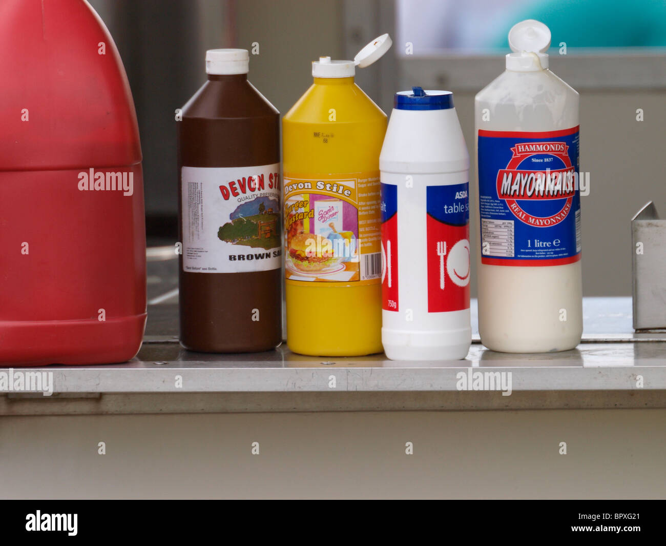 Sauces at a burger van, Devon, UK Stock Photo