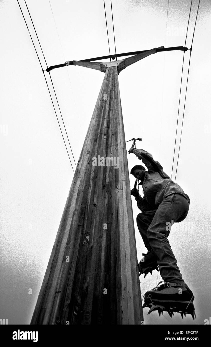 Rock climber training to ice climb on a wooden power pole in Wichita, Kansas. Stock Photo