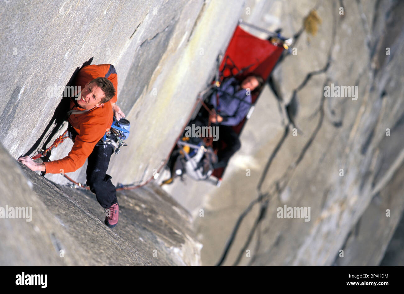 Man rock climbing, El Capitan, Yosemite National Park, California Stock