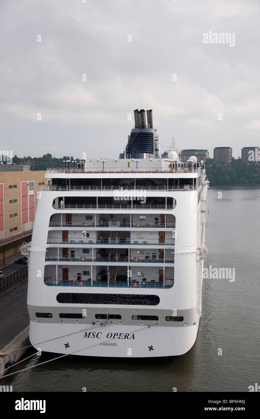 The stern of the MSC cruise ship 'MSC Opera' in port in Copenhagen, Denmark. Stock Photo