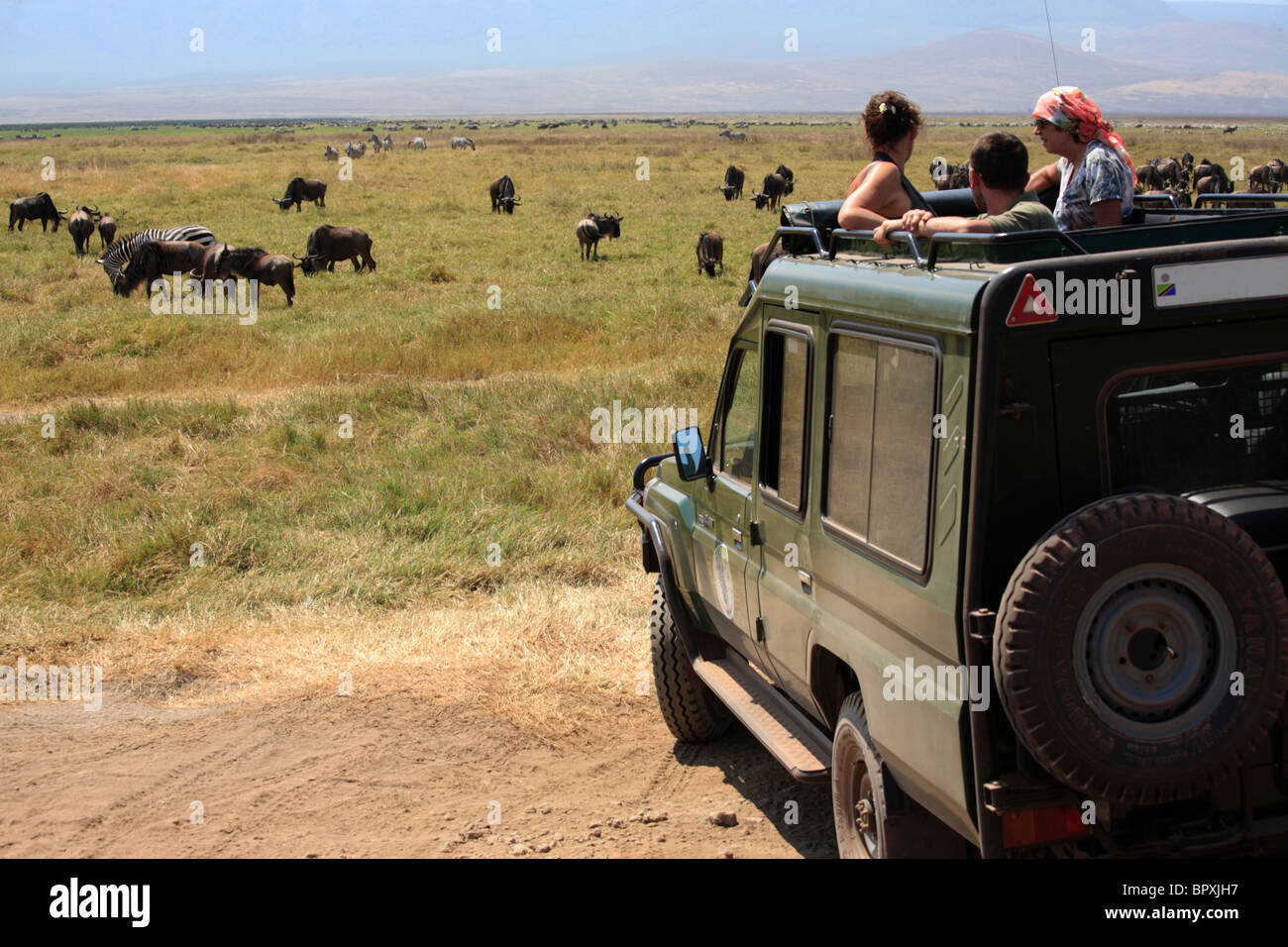 Tourists in a car at Ngorongoro conservation area, Tanzania Stock Photo