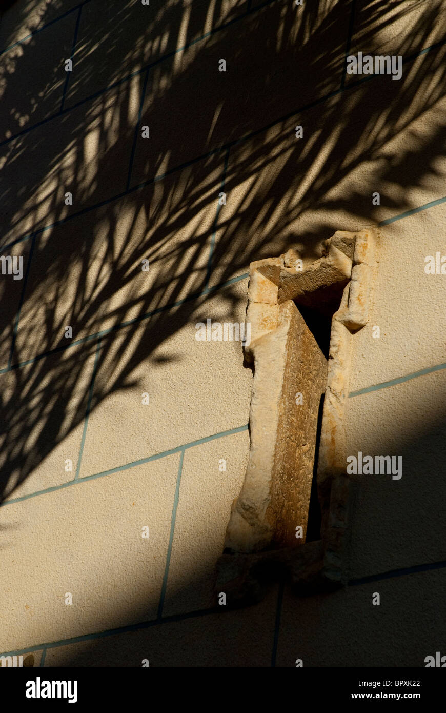 shadows of palm tress falling on a Spanish church wall Stock Photo
