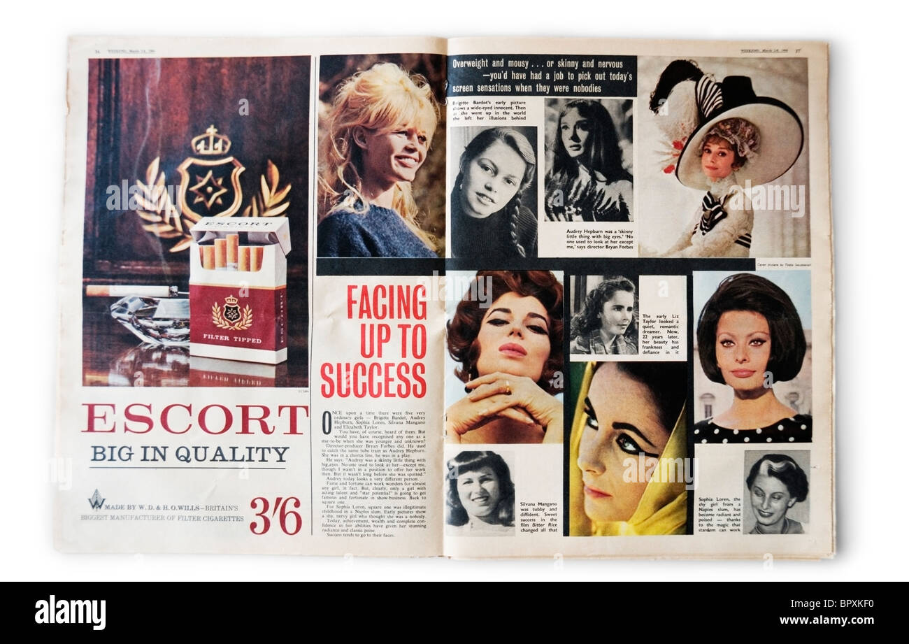 Double page spread from the Weekender, March 1966 issue with famous Hollywood actresses of that time Stock Photo