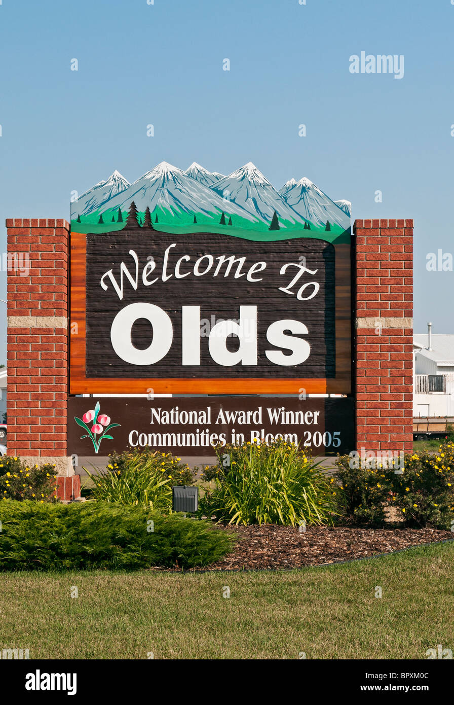 A view of the 'Welcome To Olds' (Alberta Canada) sign. Stock Photo