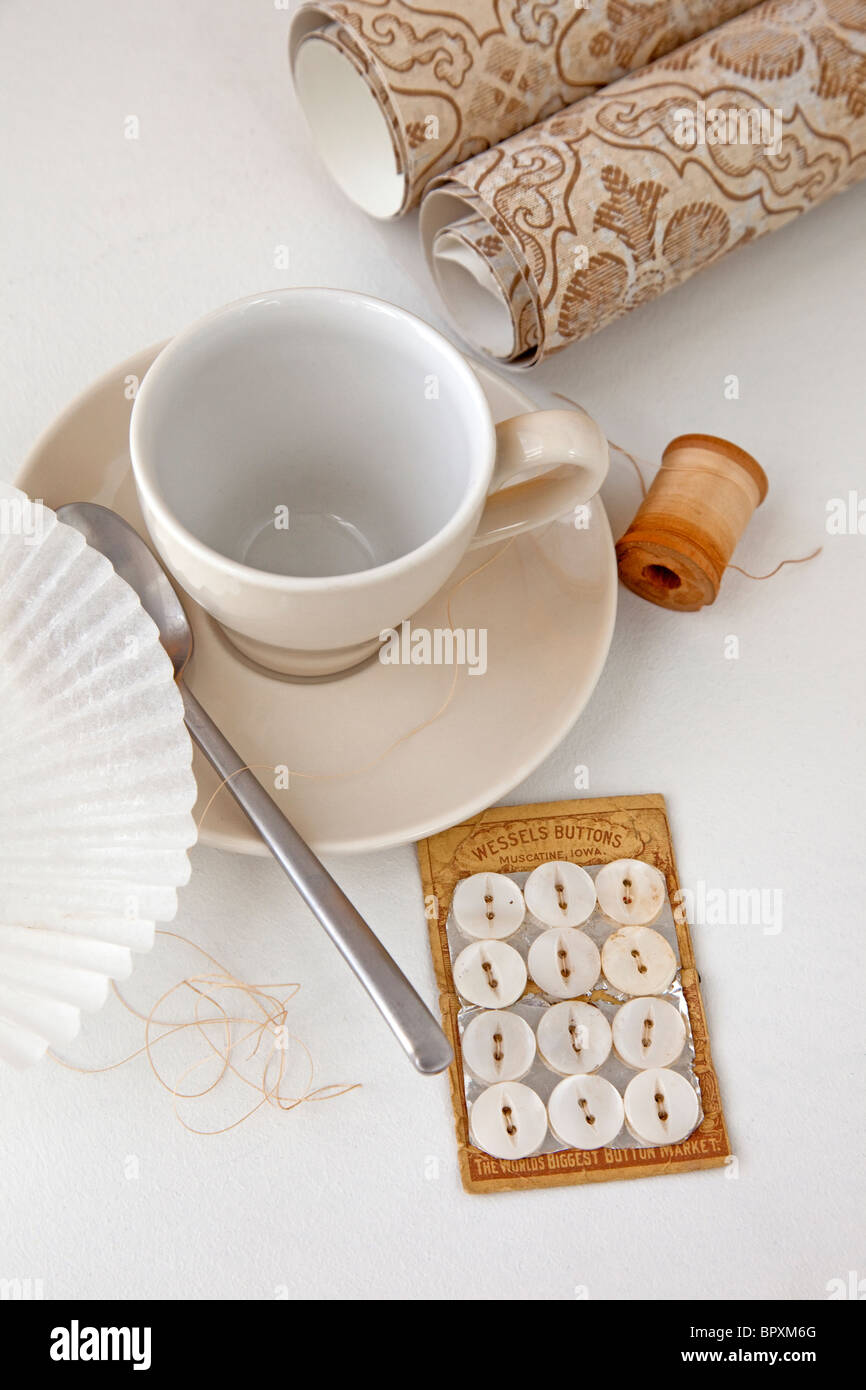 still life scene with coffee and creative items Stock Photo