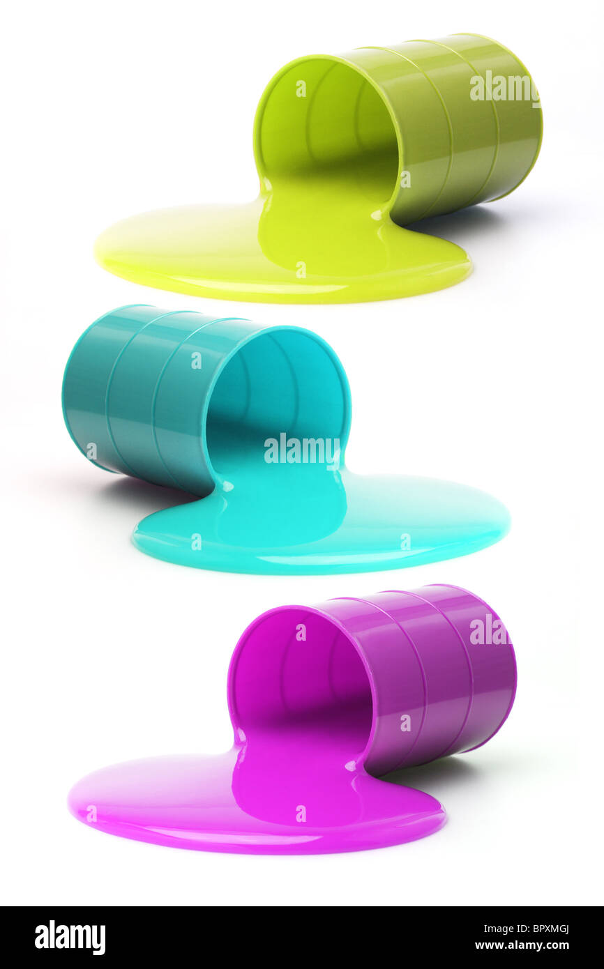 Colored slime flowing out from fallen drums on white background Stock Photo
