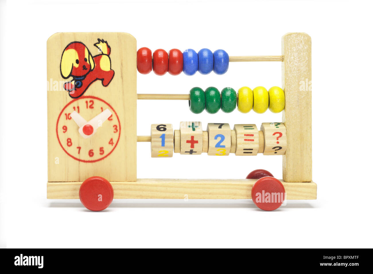 Child learning toy abacus and clock on wheels Stock Photo