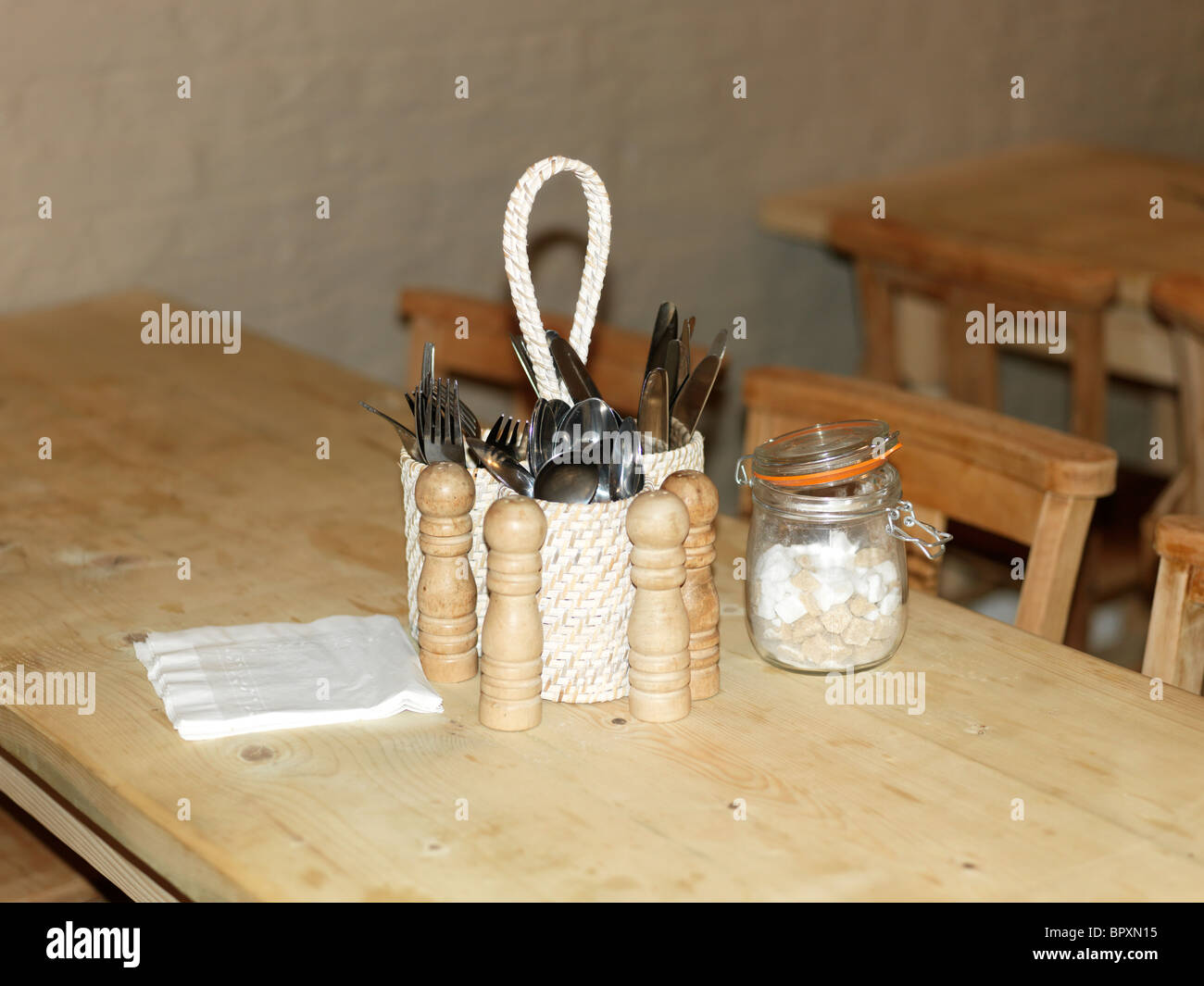 London England The Crypt And The Goose Cafe Within St Marylebone Parish Church Condiments And Cutlery On Table Stock Photo