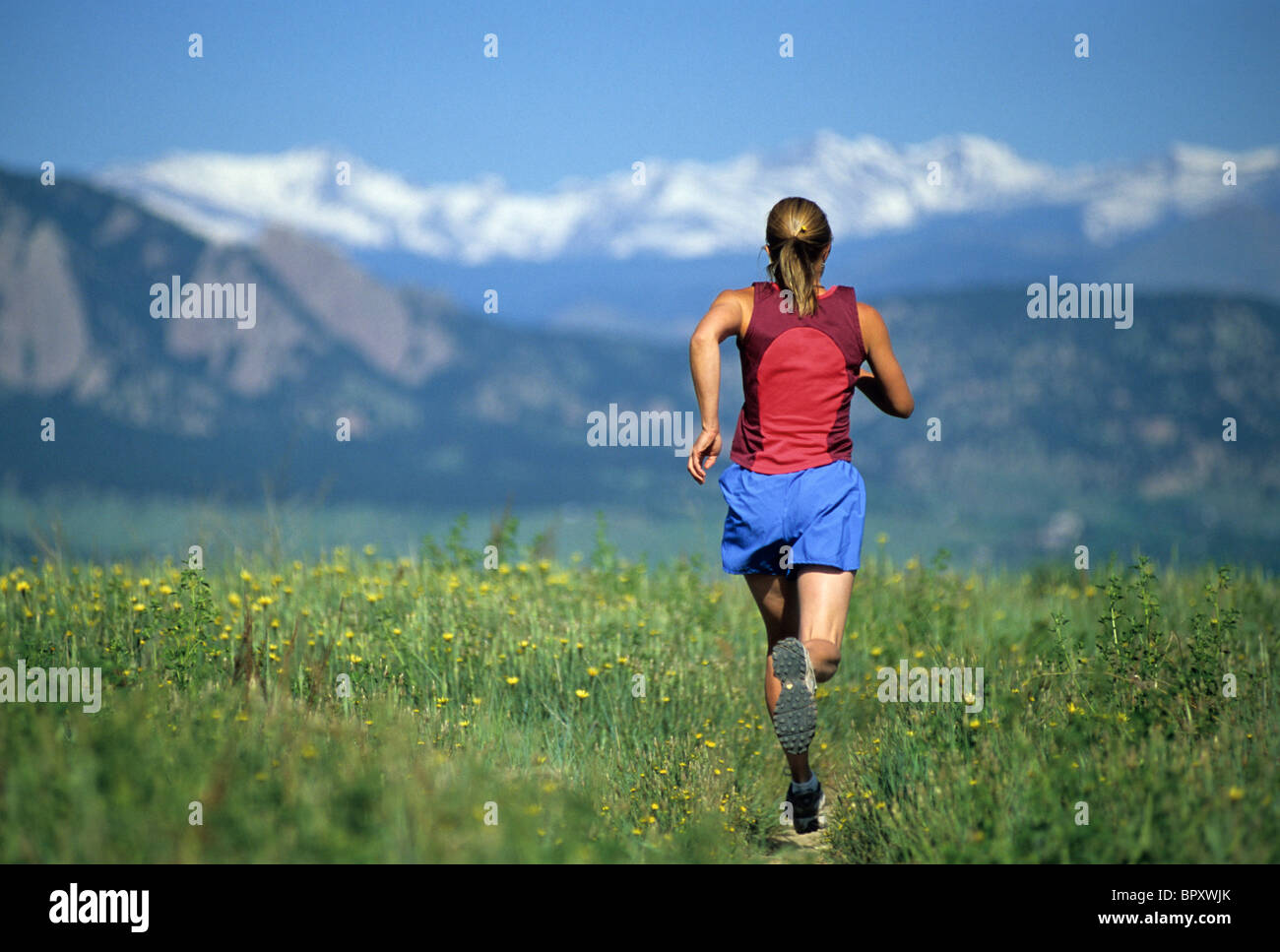 A woman trail running near Boulder, CO. Stock Photo