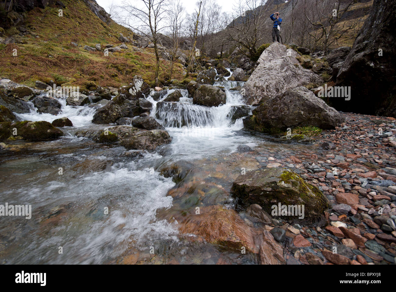 A walker takes a photograph close to a series of miniature waterfalls on the way up to the hidden valley in Glencoe, Scotland Stock Photo