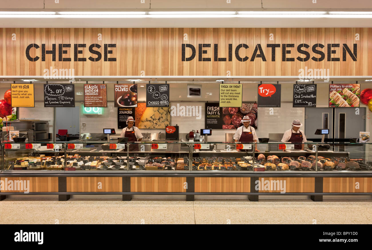 Display of cheese and delicatessen food in a supermarket Stock Photo