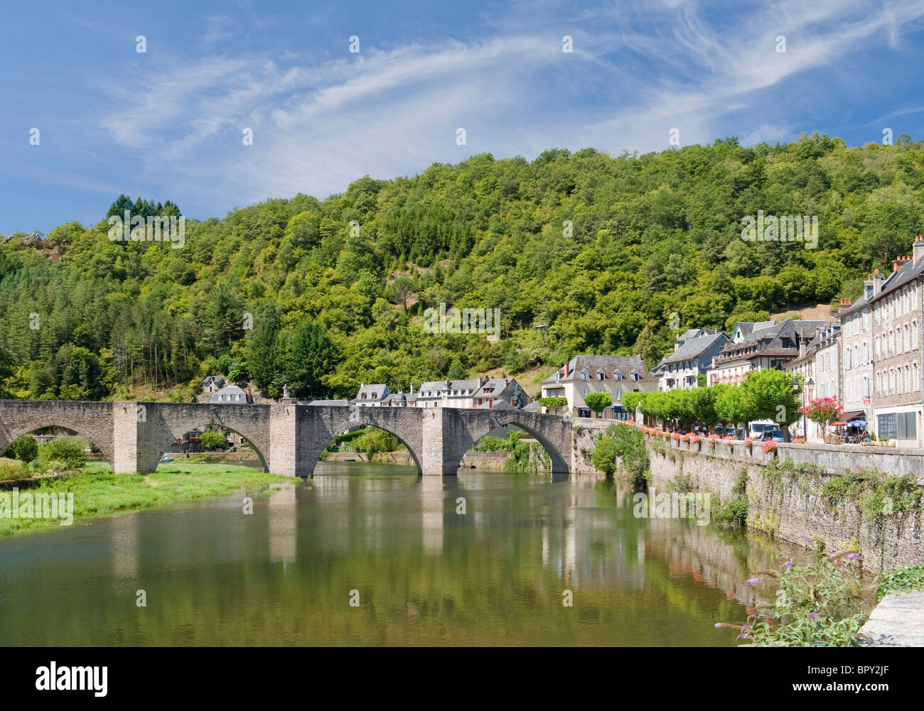 The Bridge at Estaing Village in Central France Stock Photo