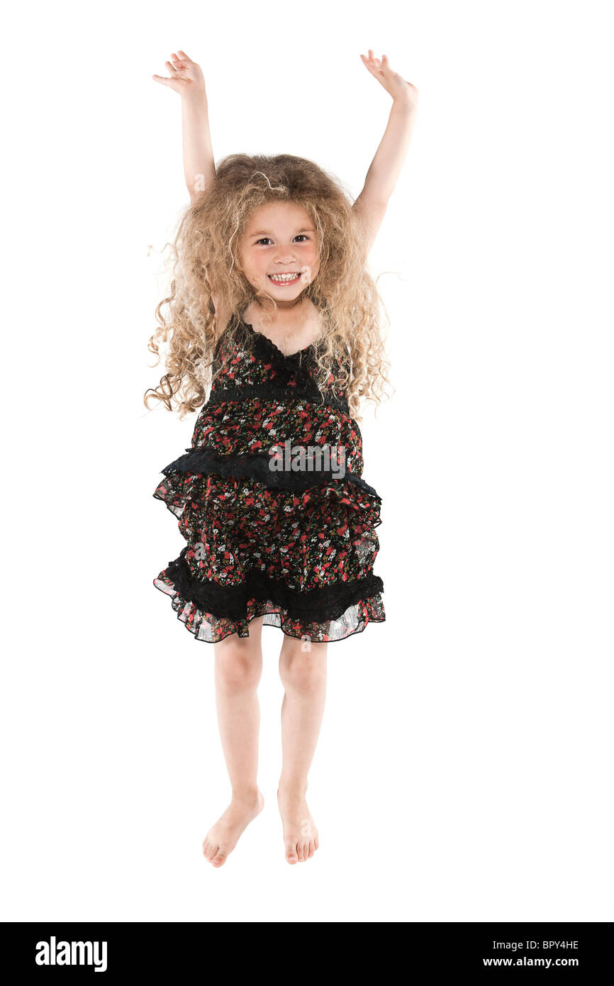 caucasian little girl jumping happy isolated studio on white background Stock Photo