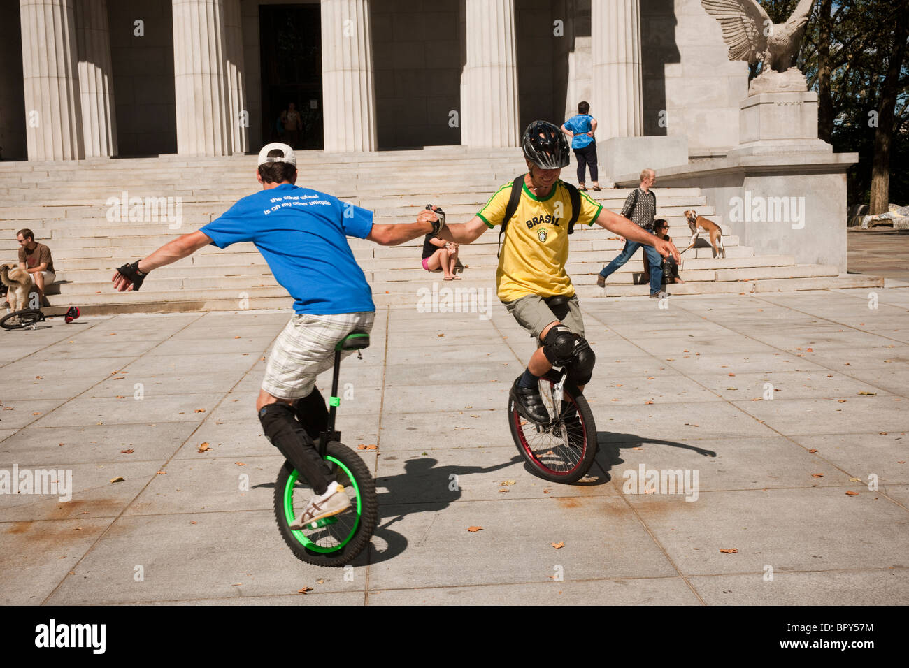 Unicyclists of all skill levels perform and practice at Grant's Tomb in