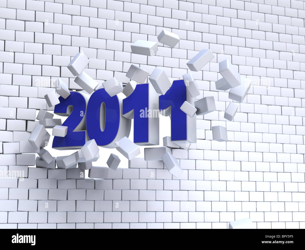 3d new year 2011 shape passing through brick wall Stock Photo