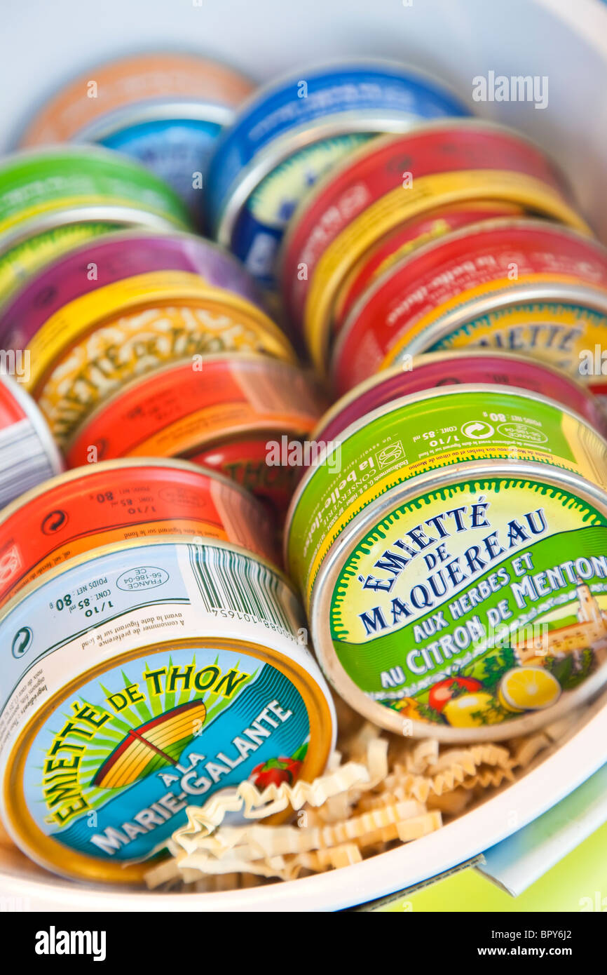 Tins of fish, mackerel & tuna, for sale in a French food shop, Deauville, Normandy Stock Photo